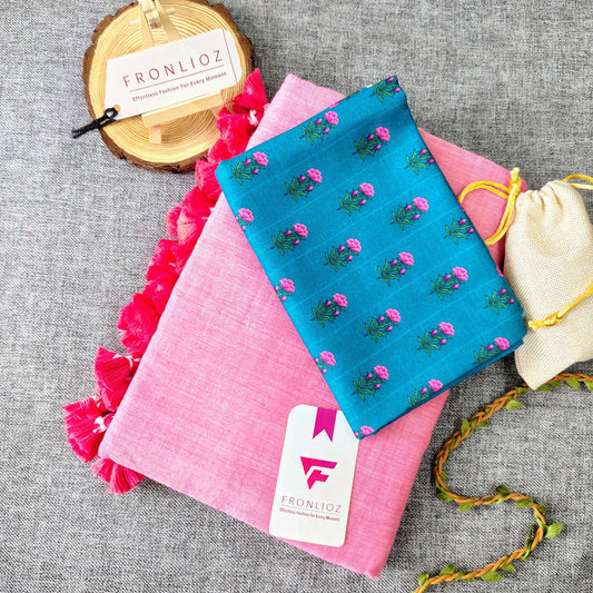 Baby Pink Handloom Cotton Saree With Tassels & Printed Blouse-Fronlioz