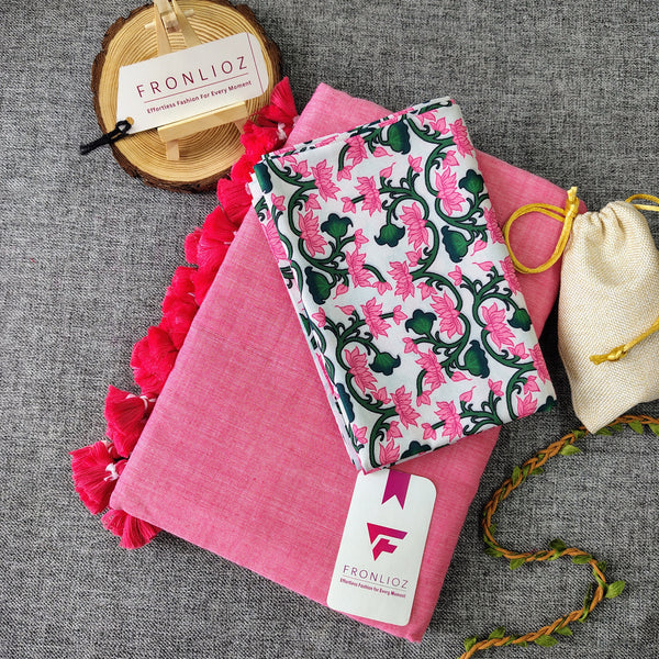 Baby Pink Handloom Cotton Saree With Tassels & Printed Blouse-Fronlioz