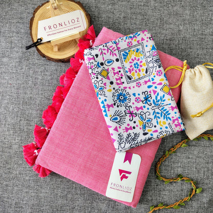 Baby Pink Handloom Cotton Saree With Tassels & Printed Blouse-Fronlioz