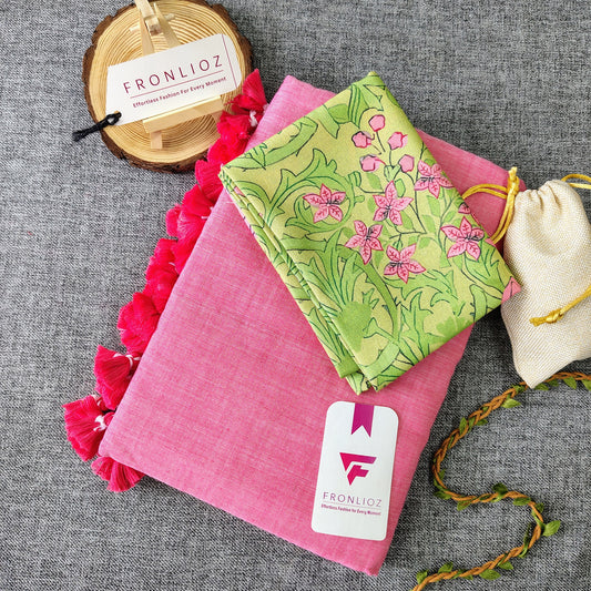 Baby Pink Handloom Cotton Saree With Tassels & Printed Blouse-Fronlioz