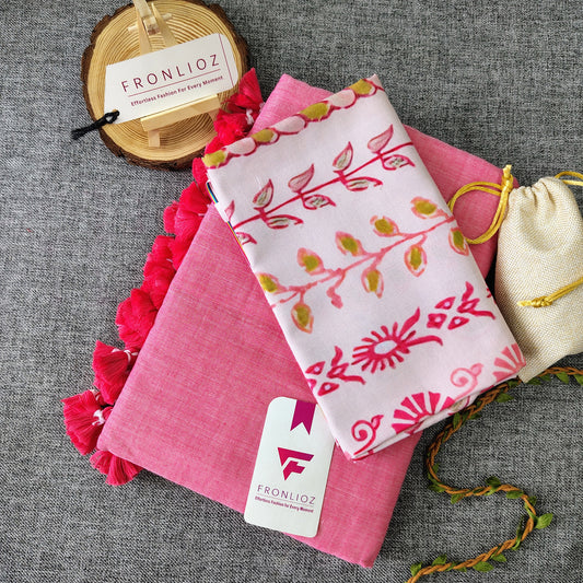 Baby Pink Handloom Cotton Saree With Tassels & Printed Blouse-Fronlioz