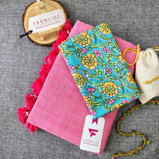 Baby Pink Handloom Cotton Saree With Tassels & Printed Blouse-Fronlioz
