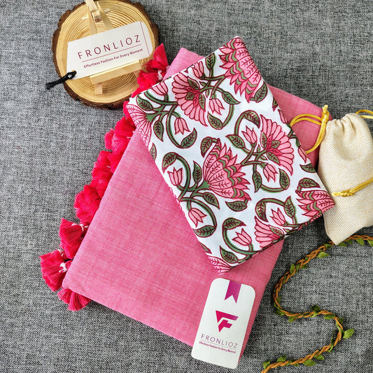 Baby Pink Handloom Cotton Saree With Tassels & Printed Blouse-Fronlioz
