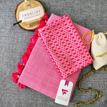 Baby Pink Handloom Cotton Saree With Tassels & Printed Blouse-Fronlioz