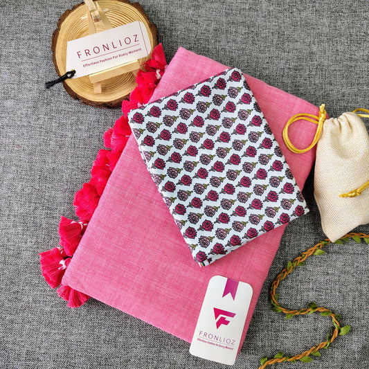 Baby Pink Handloom Cotton Saree With Tassels & Printed Blouse-Fronlioz