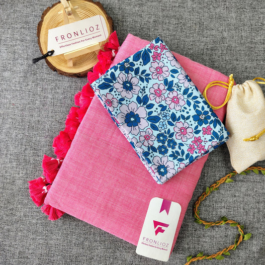 Baby Pink Handloom Cotton Saree With Tassels & Printed Blouse-Fronlioz