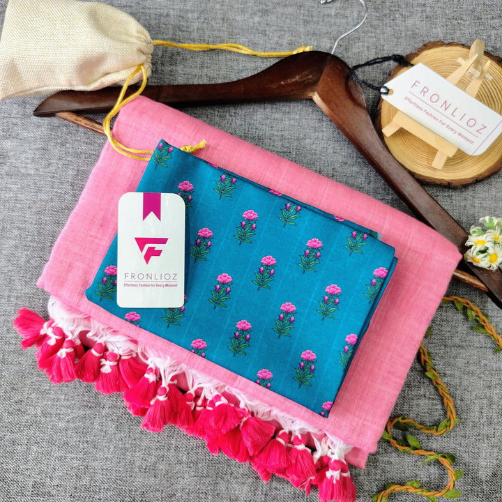 Baby Pink Handloom Cotton Saree With Tassels & Printed Blouse-Fronlioz
