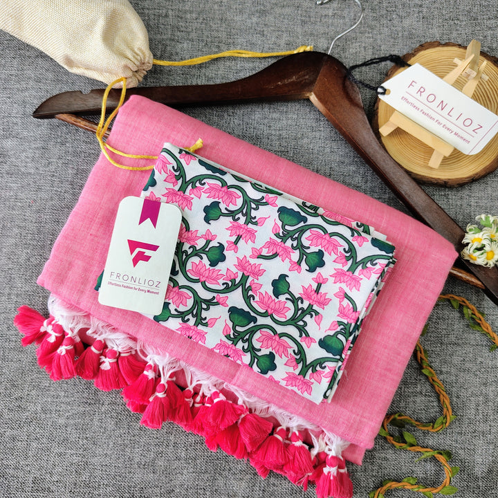 Baby Pink Handloom Cotton Saree With Tassels & Printed Blouse-Fronlioz