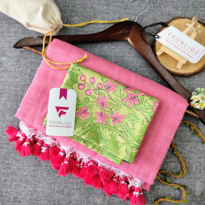 Baby Pink Handloom Cotton Saree With Tassels & Printed Blouse-Fronlioz