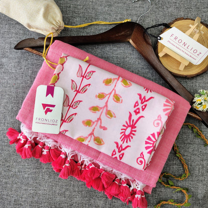 Baby Pink Handloom Cotton Saree With Tassels & Printed Blouse-Fronlioz