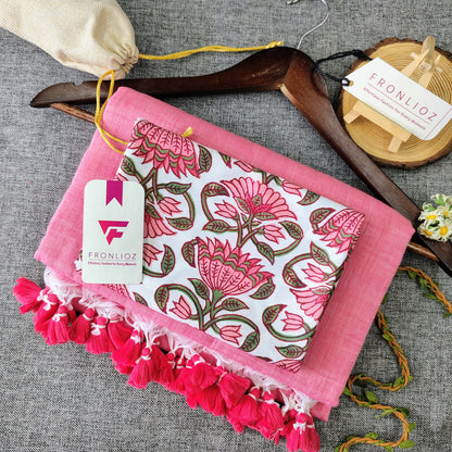 Baby Pink Handloom Cotton Saree With Tassels & Printed Blouse-Fronlioz