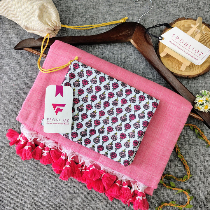 Baby Pink Handloom Cotton Saree With Tassels & Printed Blouse-Fronlioz