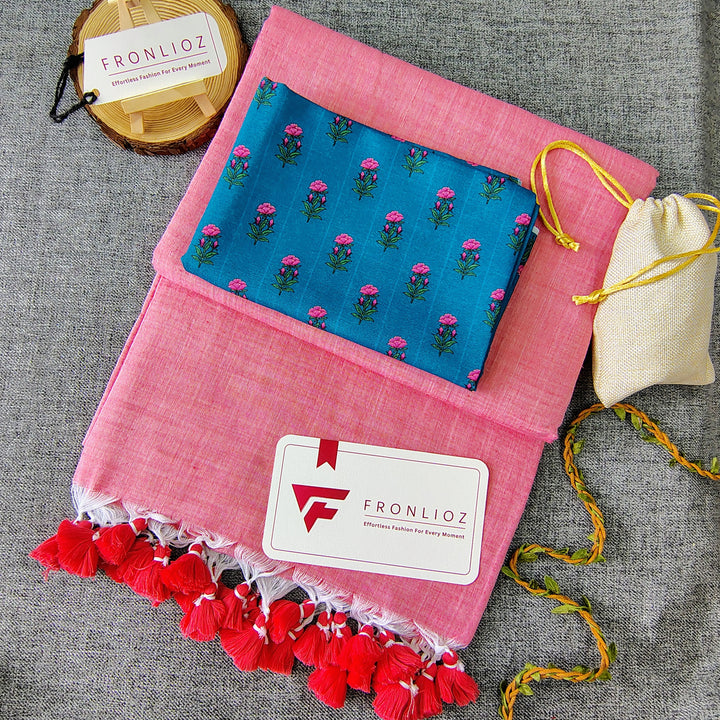 Baby Pink Handloom Cotton Saree With Tassels & Printed Blouse-Fronlioz