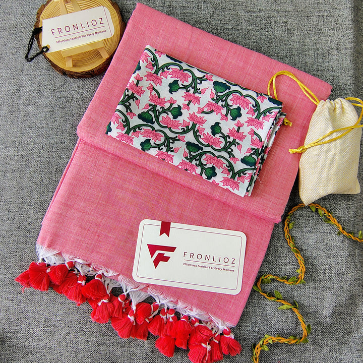 Baby Pink Handloom Cotton Saree With Tassels & Printed Blouse-Fronlioz
