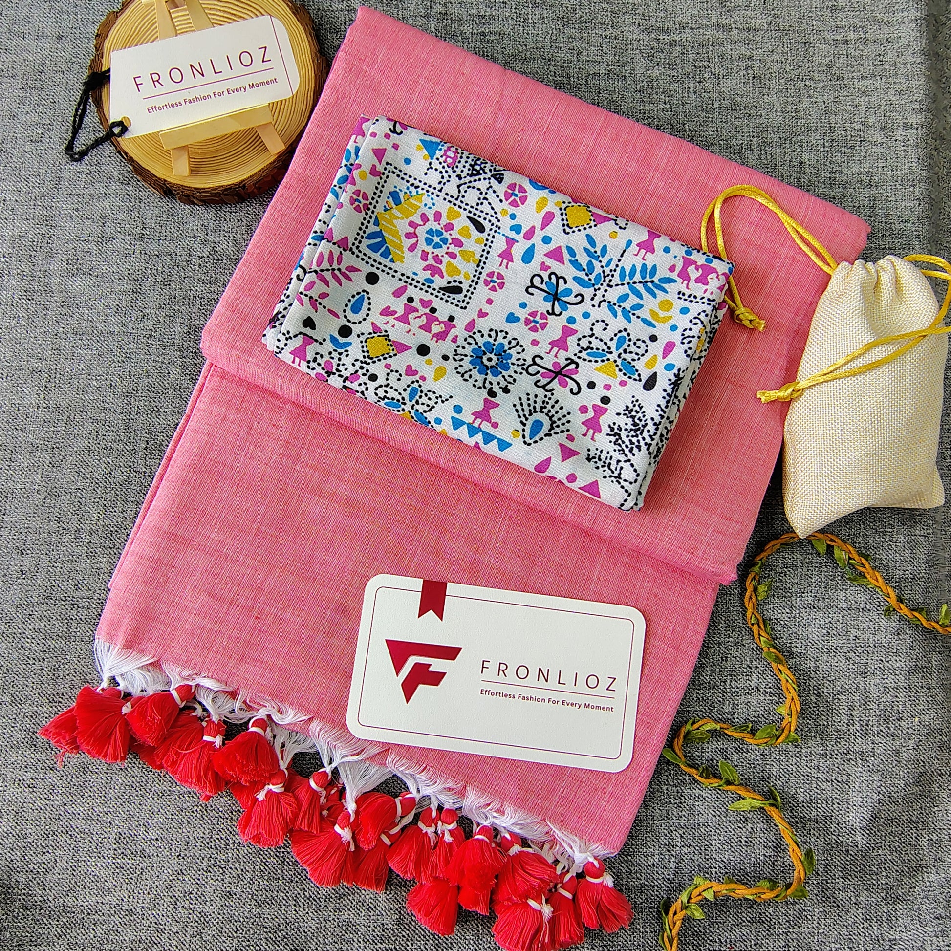 Baby Pink Handloom Cotton Saree With Tassels & Printed Blouse-Fronlioz