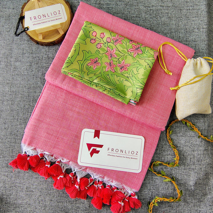 Baby Pink Handloom Cotton Saree With Tassels & Printed Blouse-Fronlioz