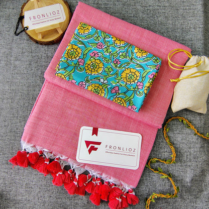 Baby Pink Handloom Cotton Saree With Tassels & Printed Blouse-Fronlioz