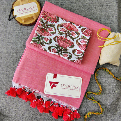 Baby Pink Handloom Cotton Saree With Tassels & Printed Blouse-Fronlioz
