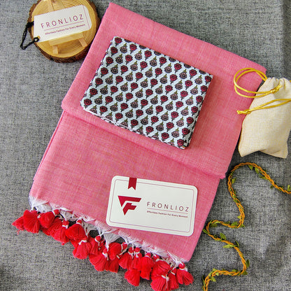 Baby Pink Handloom Cotton Saree With Tassels & Printed Blouse-Fronlioz