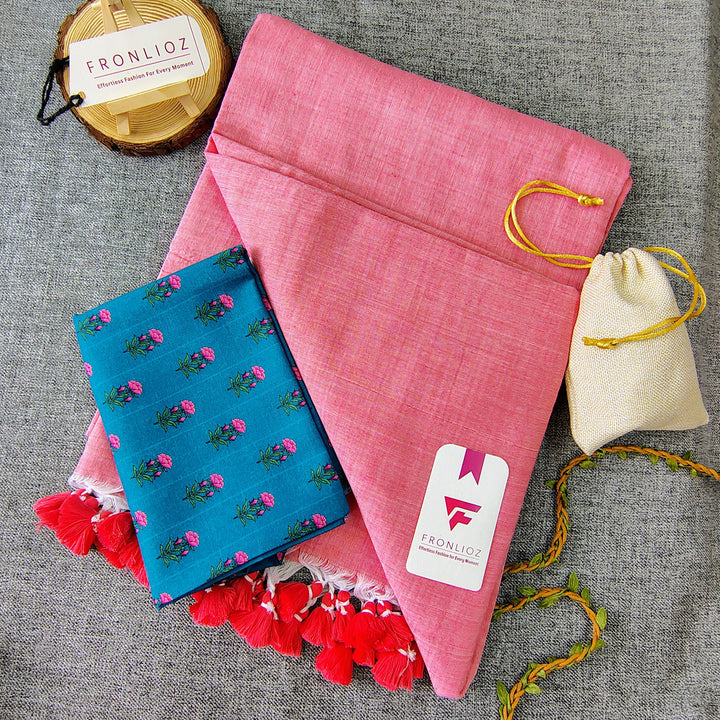 Baby Pink Handloom Cotton Saree With Tassels & Printed Blouse-Fronlioz