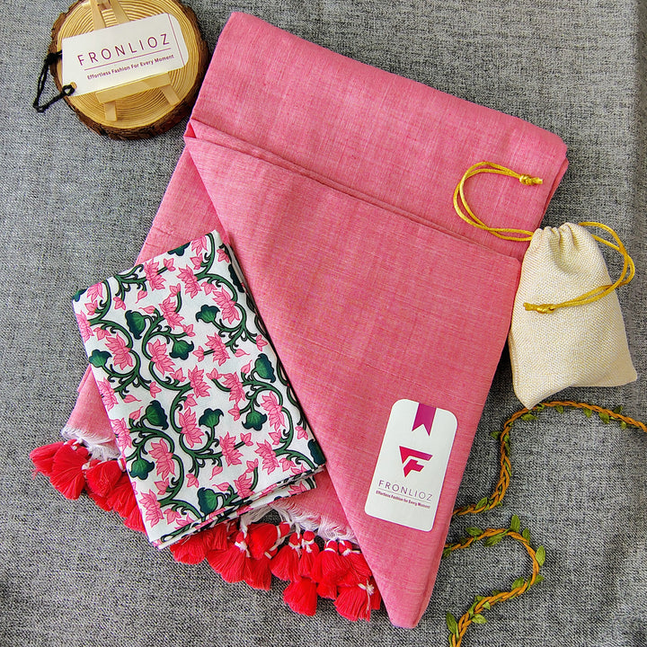 Baby Pink Handloom Cotton Saree With Tassels & Printed Blouse-Fronlioz