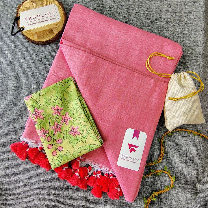 Baby Pink Handloom Cotton Saree With Tassels & Printed Blouse-Fronlioz