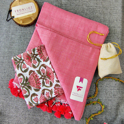 Baby Pink Handloom Cotton Saree With Tassels & Printed Blouse-Fronlioz