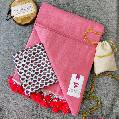 Baby Pink Handloom Cotton Saree With Tassels & Printed Blouse-Fronlioz