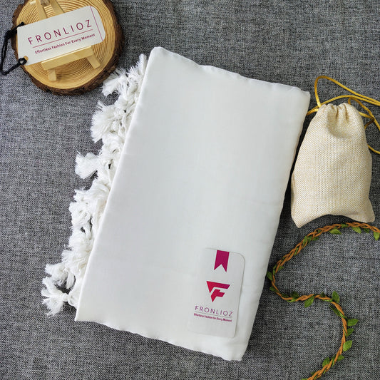 White Handloom Cotton Saree With PomPom-Fronlioz