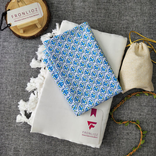 White Handloom Cotton Saree With Tassels & Printed Blouse-Fronlioz