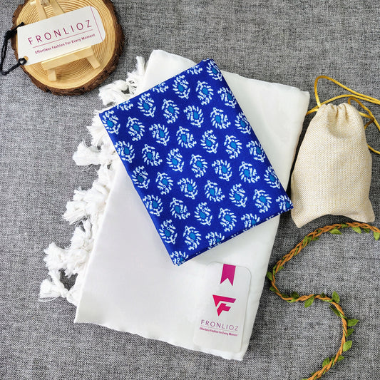 White Handloom Cotton Saree With Tassels & Printed Blouse-Fronlioz