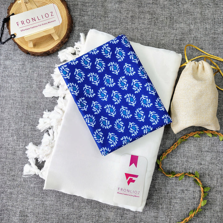 White Handloom Cotton Saree With Tassels & Printed Blouse-Fronlioz