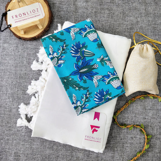 White Handloom Cotton Saree With Tassels & Printed Blouse-Fronlioz