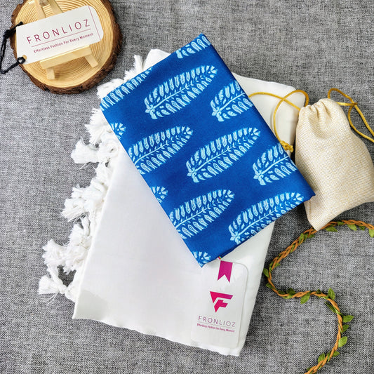 White Handloom Cotton Saree With Tassels & Printed Blouse-Fronlioz