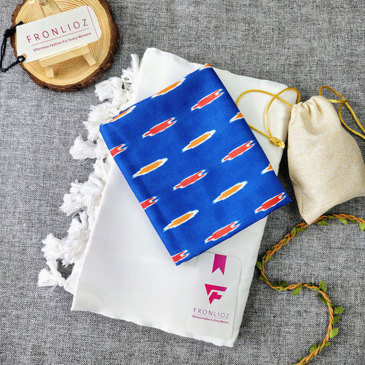 White Handloom Cotton Saree With Tassels & Printed Blouse-Fronlioz