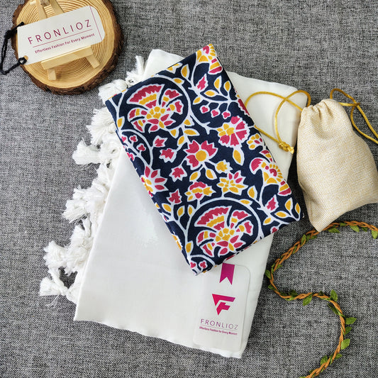 White Handloom Cotton Saree With Tassels & Printed Blouse-Fronlioz