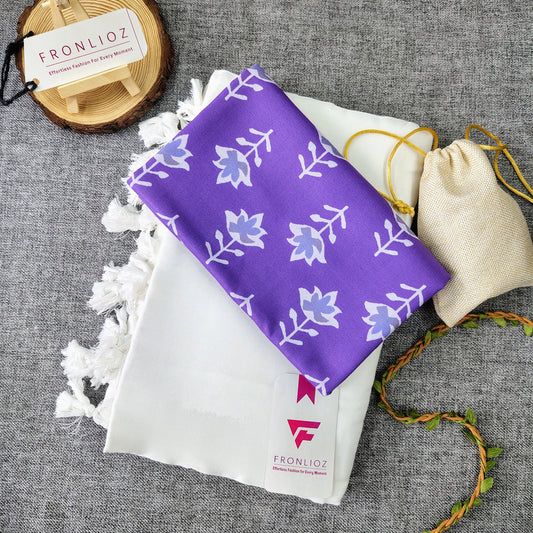 White Handloom Cotton Saree With Tassels & Printed Blouse-Fronlioz