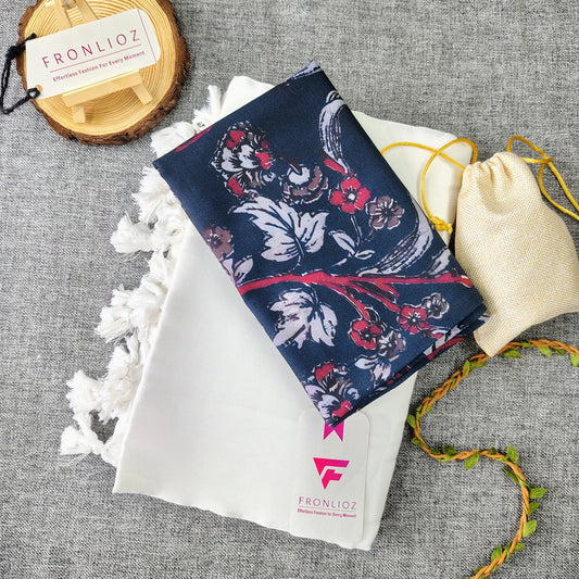 White Handloom Cotton Saree With Tassels & Printed Blouse-Fronlioz
