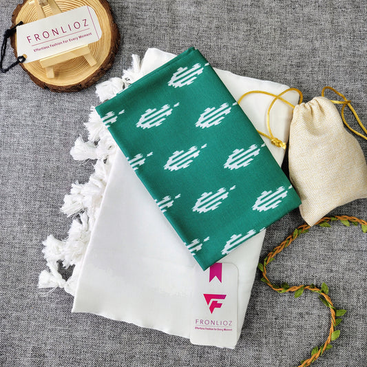 White Handloom Cotton Saree With Tassels & Printed Blouse-Fronlioz