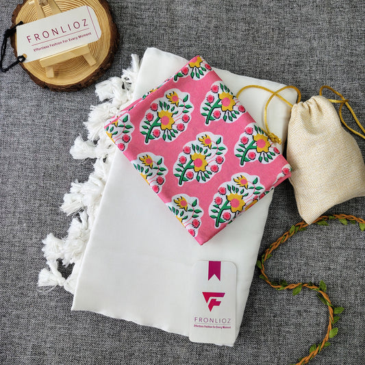 White Handloom Cotton Saree With Tassels & Printed Blouse-Fronlioz