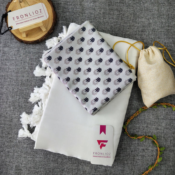 White Handloom Cotton Saree With Tassels & Printed Blouse-Fronlioz