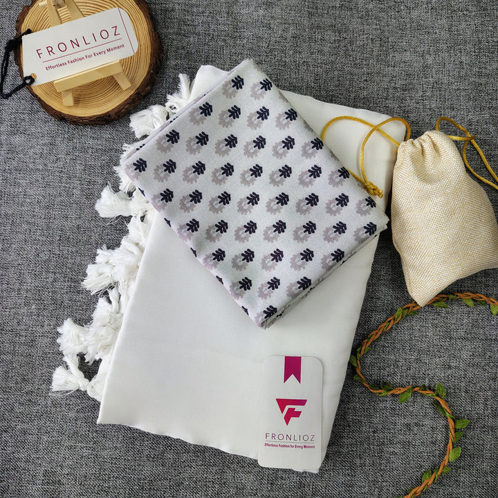 White Handloom Cotton Saree With Tassels & Printed Blouse-Fronlioz