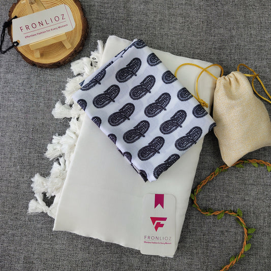 White Handloom Cotton Saree With Tassels & Printed Blouse-Fronlioz