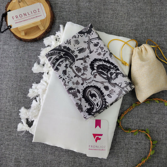 White Handloom Cotton Saree With Tassels & Printed Blouse-Fronlioz