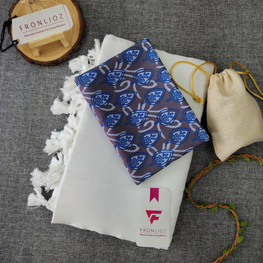White Handloom Cotton Saree With Tassels & Printed Blouse-Fronlioz