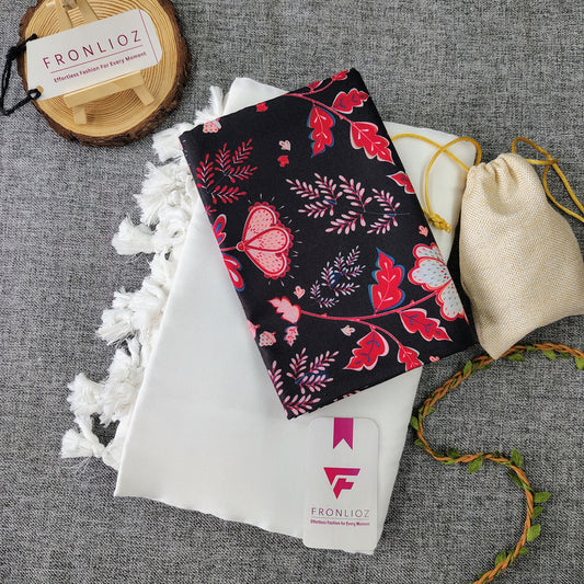 White Handloom Cotton Saree With Tassels & Printed Blouse-Fronlioz