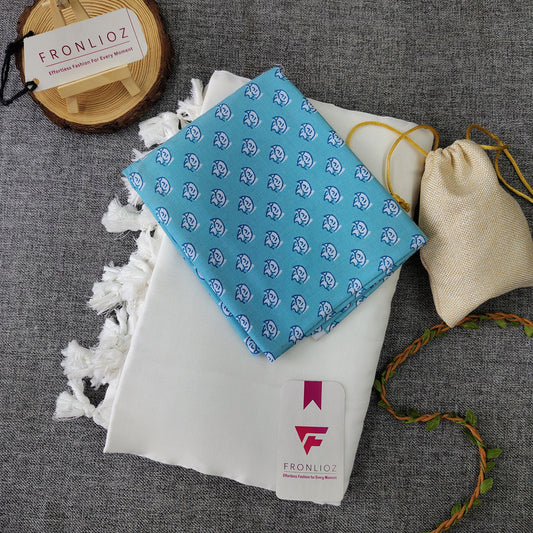 White Handloom Cotton Saree With Tassels & Printed Blouse-Fronlioz