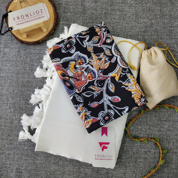 White Handloom Cotton Saree With Tassels & Printed Blouse-Fronlioz