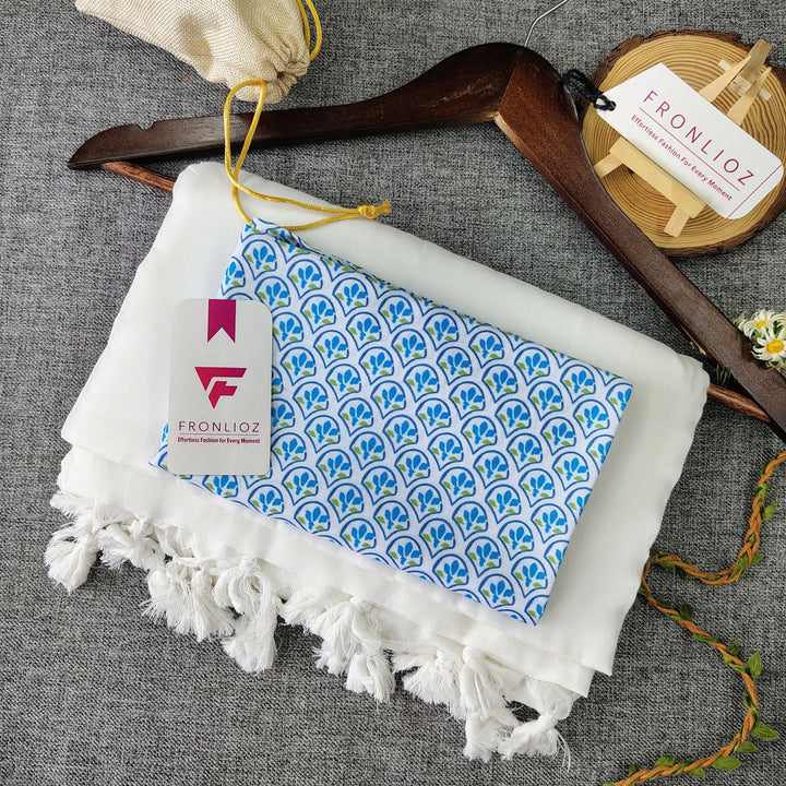 White Handloom Cotton Saree With Tassels & Printed Blouse-Fronlioz