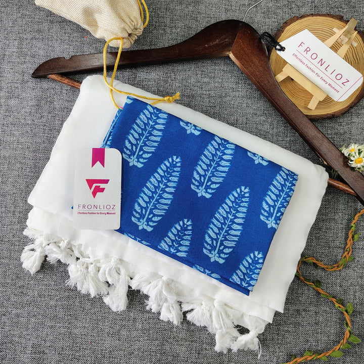 White Handloom Cotton Saree With Tassels & Printed Blouse-Fronlioz